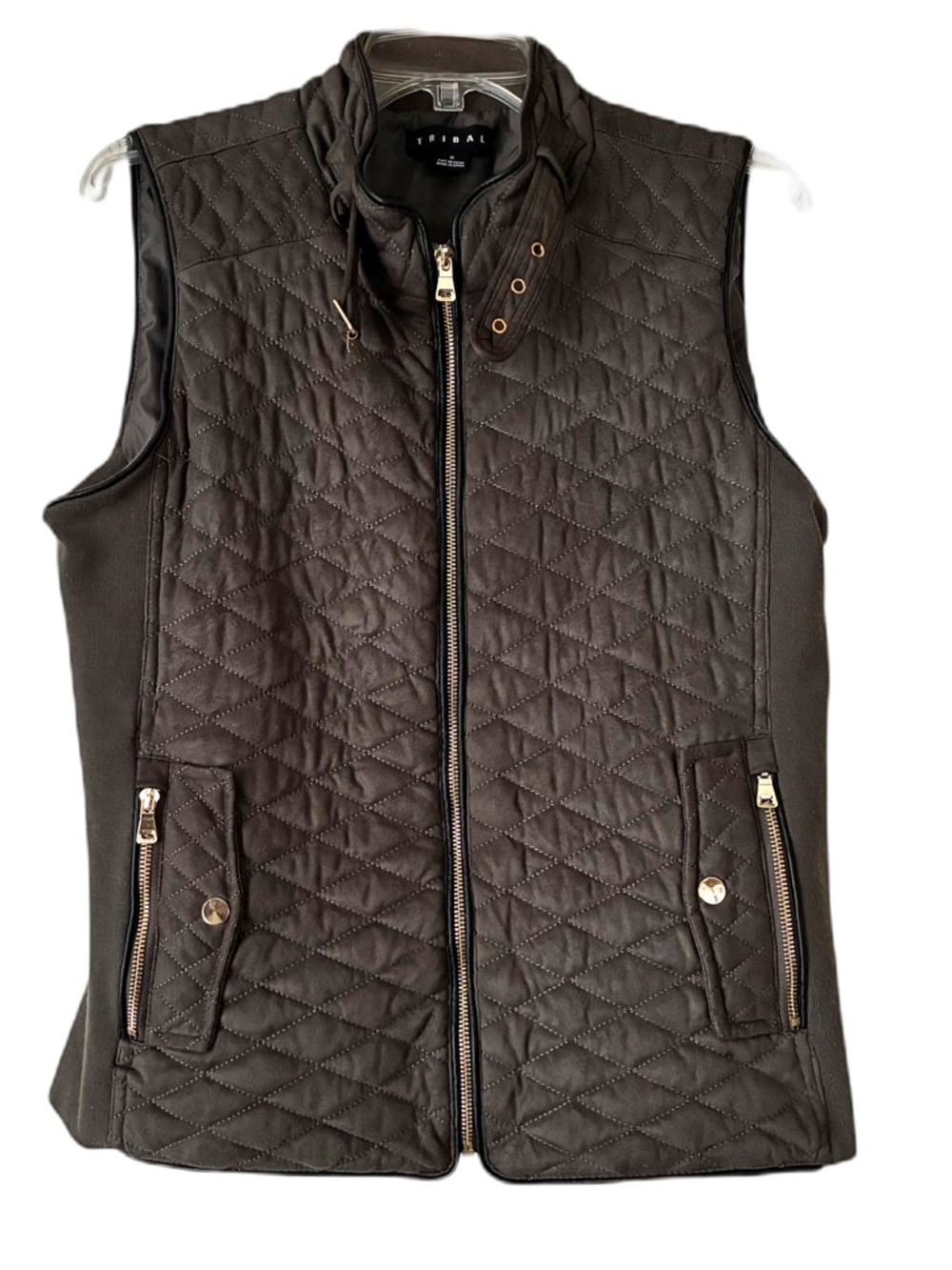 Tribal Quilted Vest, Sz. M, Drk Olive Green, Trim Around Edges, Great Condition